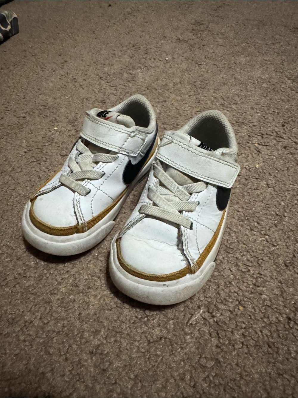 Nike Kids White Sneakers with Black Swoosh and Tan Trim